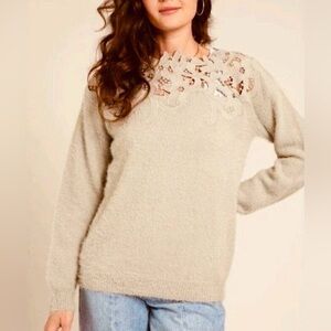 BaeVely Cream Buttery soft Sweater Lace Crochet Neck Romantic Cottagecore Sz M